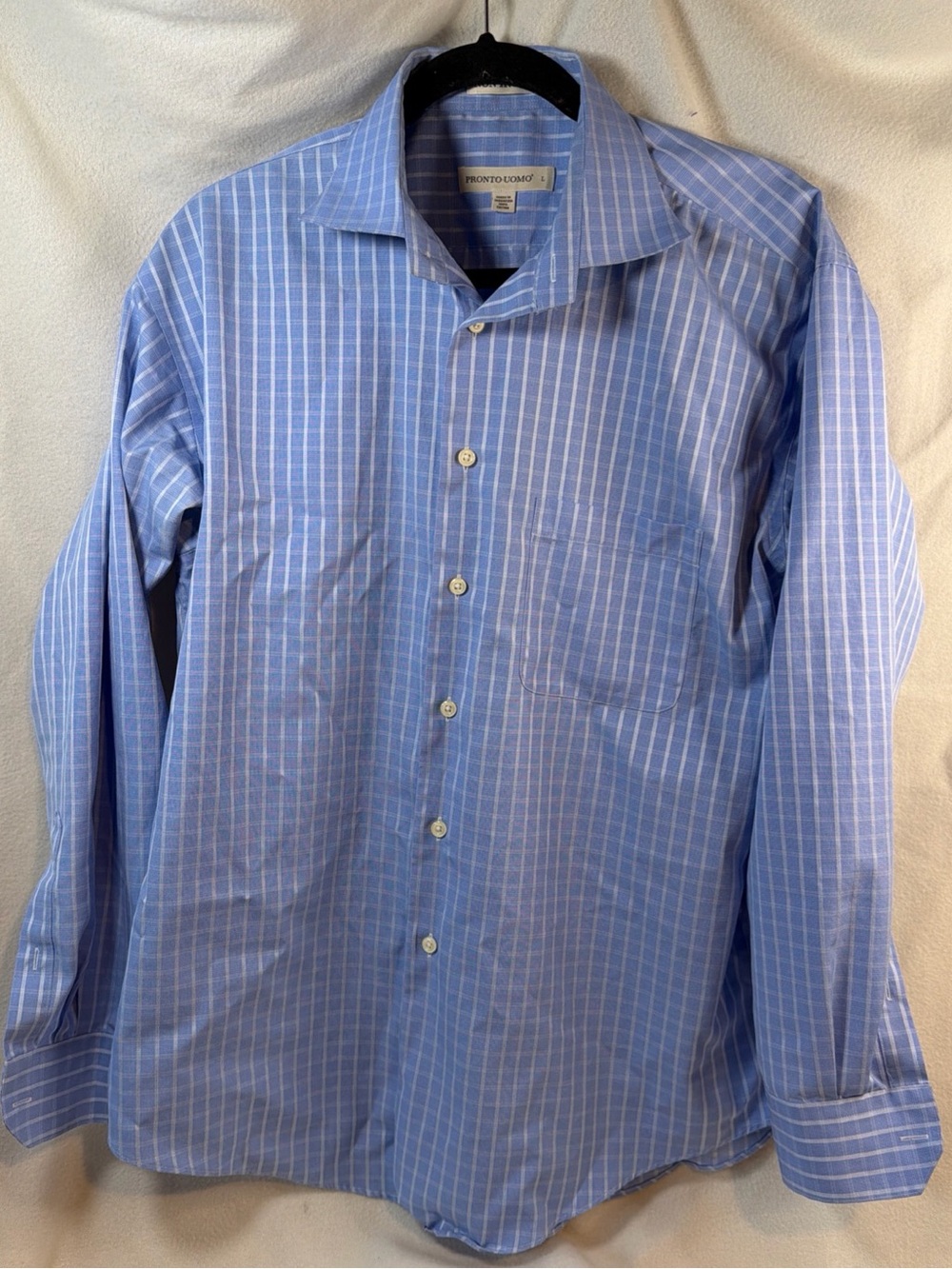 Mens Dress Shirt L Blue White Striped Non Iron Long Sleeve Cotton Pronto Uomo